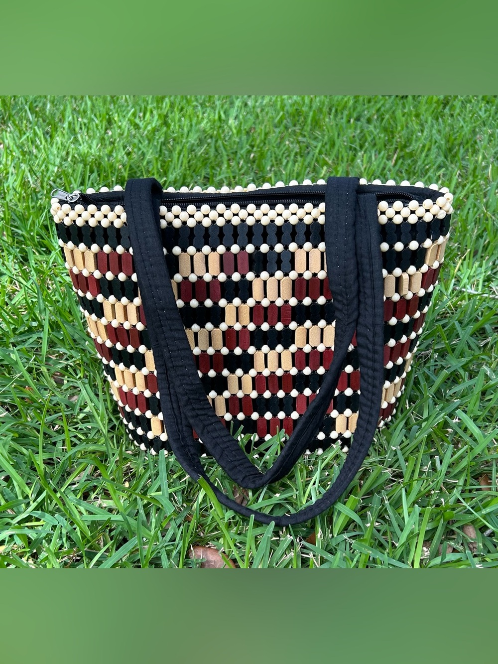 Handmade African Woven Beaded Tote Bag in Black, Cream & Burgundy